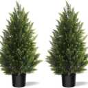 Outdoor Artificial Cedar Topiary Tree 3FT Tall 2 Set, Faux Evergreen Shrubs for Front Porch Decor, Lifelike Fake Bushes Plants for Home Living Room Front Door Decor