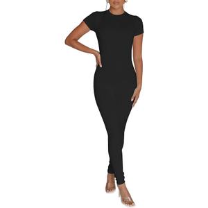 Women's Backless Bodycon Jumpsuit Short Sleeve One Piece Outfits Black XS