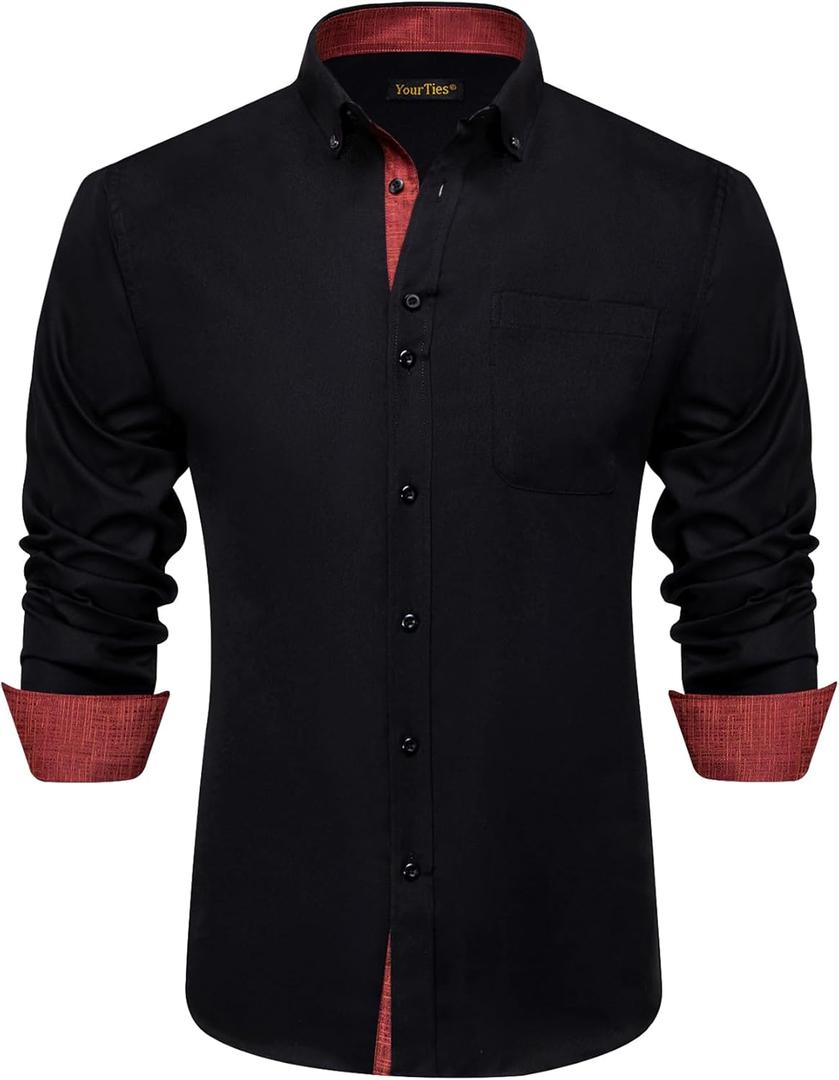 Mens Dress Shirt Long Sleeve Casual Button Down Shirt Wrinkle Free Formal Business Inner Collar Contrast Shirts (Medium, Black Red)
