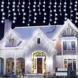 LED Icicle Lights, 300 LEDs, 33ft, 8 Modes, Curtain Fairy Light with 60 Drops, Clear Wire LED String for Christmas/Thanksgiving/Easter/Halloween/Party Backdrops Decorations (Cool White)