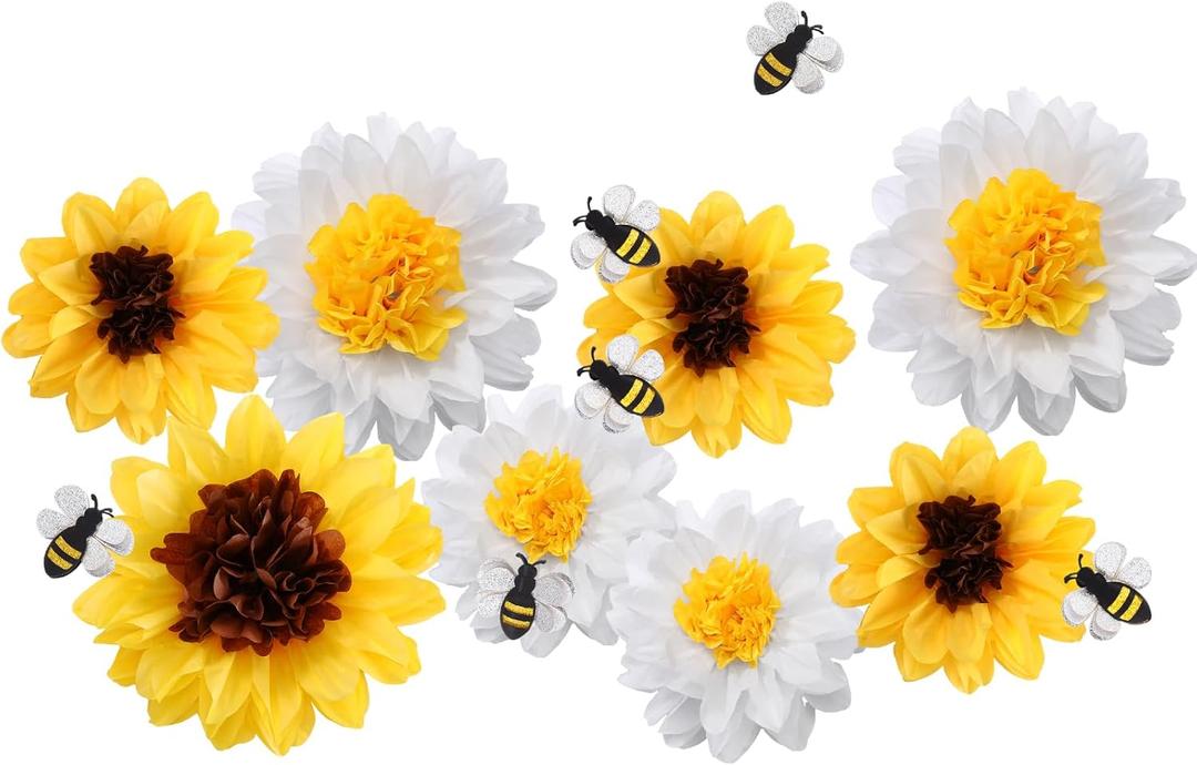 14 Pcs Sunflower Daisy Tissue Paper Pom Poms Flower Bee Cutout Decorations Yellow Brown White 12" 8" for Bee Day Party Birthday Bridal Wedding Classroom Craft Bulletin Board(Yellow,White)