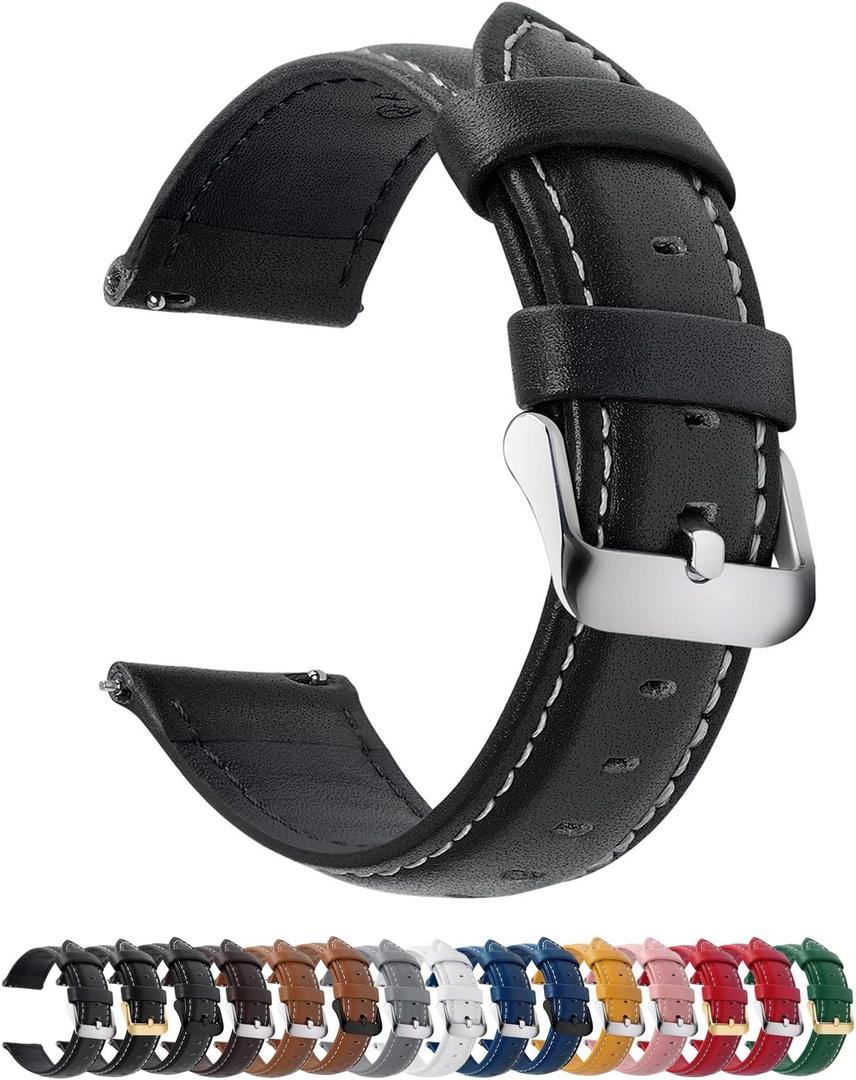 Fullmosa Watch Band, Quick Release Leather Watch Strap for Men Women, Replacement Bands Width 14mm 16mm 18mm 19mm 20mm 21mm 22mm 24mm (Black+silver buckle)