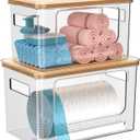 Trash Bag Holder Dispenser with Bamboo Lid, 2 Pack Clear Stackable Plastic Grocery Bag Holder for Home Kitchen Pantry Countertop, Medium & Large Wall Mounted Storage Bins for Onion Potato Storage