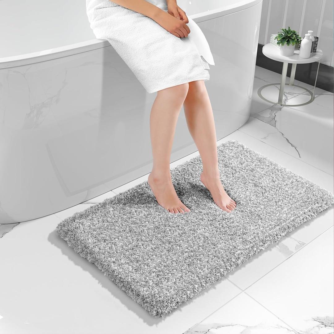 Yimobra Luxury Bathroom Rugs, Fluffy Bath Mats, Non Slip, Water Absorbent Microfiber, Machine Washable, Plush Carpet Shower Rugs, Thick Matts for Bathroom Floor&Tub, 44"x 24", Light Gray and White