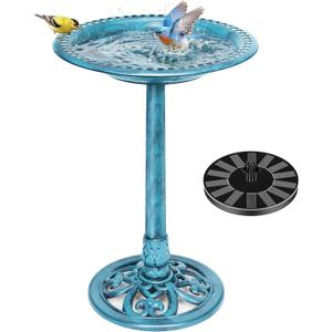 VIVOHOME Bird Bath with Solar Fountain for Outside, Polyresin Pedestal Bird Baths with Solar Powered Pump for Outdoor, Garden, Weather-Resistant Birdbaths with 20" Bowl, Blue