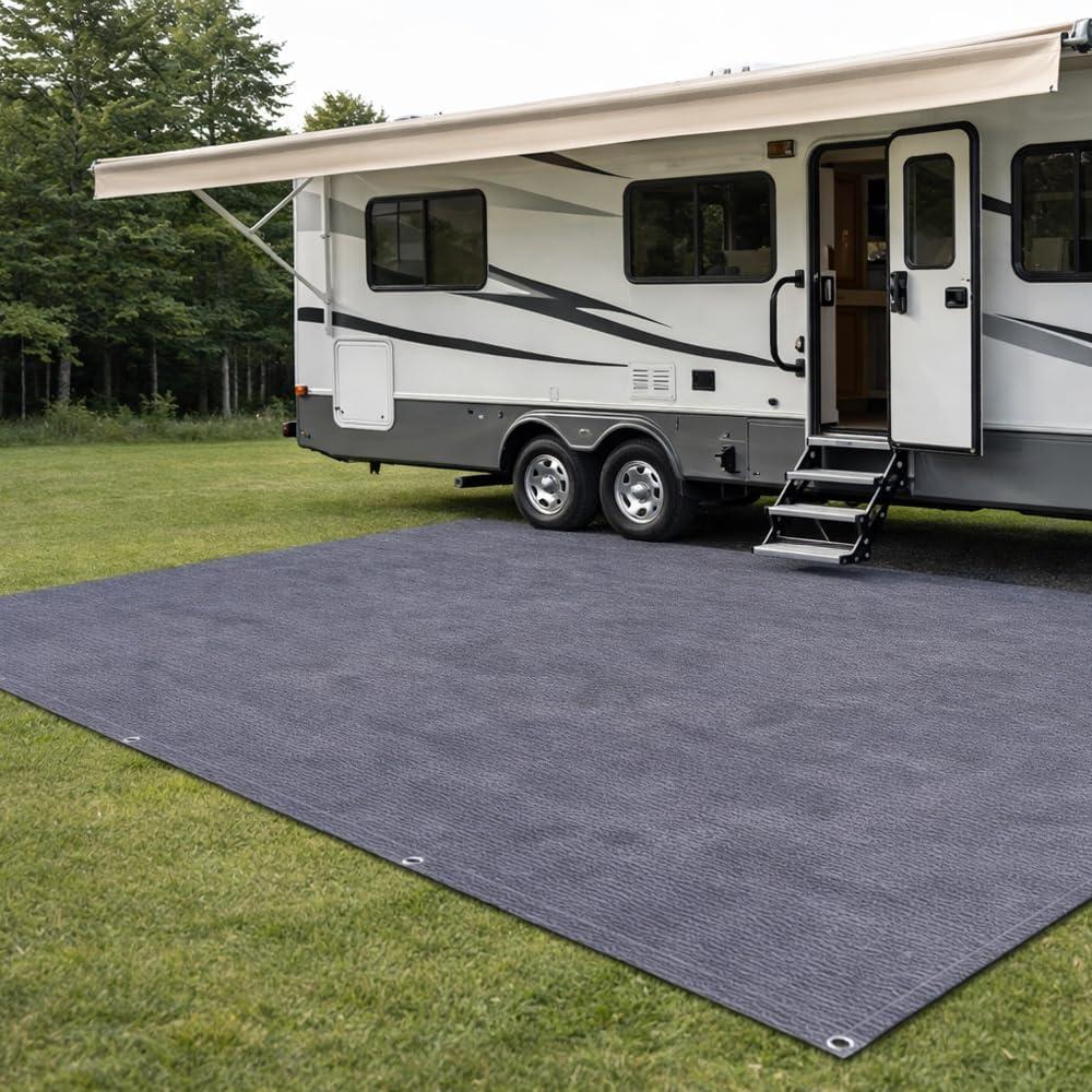 RV Outdoor Mat 8x10 FT, Reversible RV Patio Rug, Blue-Gray, 240GSM Breathable Camping Mat for Camper, Motorhome, Trailer, Picnic, Beach, Backyard