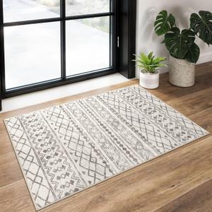 KUTA Moroccan Washable Rugs, 2x3 Beige Entrance Small Area Rug, Non-Slip Washable Ultra Soft Vintage Distressed Geometric Low-Pile Indoor Door Mat Floor Carpet for Kitchen