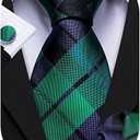 Barry.Wang Designer Classic Ties for Men Set Formal Pocket Square Cufflink Check Plaid