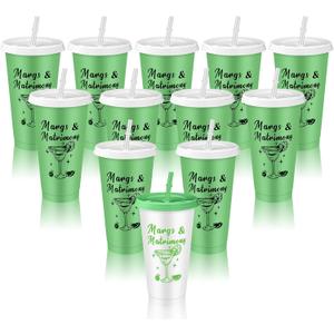 Domensi 12 Pcs Margs and Matrimony Bachelorette Party Plastic Cup 24oz Margarita Cups Margs and Matrimony Plastic Tumblers with Lids and Straws for Wedding Bridal Shower Party Favors Gifts Decorations (Green)