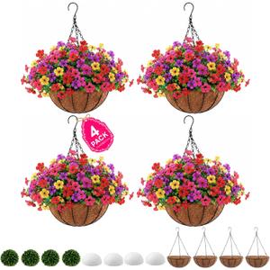 4 Set Artificial Faux Hanging Plants Flowers Basket for Summer, UV Resistant Artificial Flowers, Artificial Outdoor Flowers Hanging Basket, Front Porch Garden Patio Home Decor