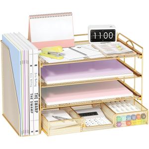 File Desk Organizers and Accessories - Paper Letter Tray Organizer with Removable File Holder+ Drawer, Office Desktop Workspace File Organizer for Office Supplies Desk Accessories(Gold) File Desk Organizers and Accessories - Paper Letter Tray Organizer with Removable File Holder+ Drawer, Office Desktop Workspace File Organizer for Office Supplies Desk Accessories(Gold)