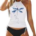 Women's Funny Graphic Drawstring Halter Two Piece Tankini Set Summer Swimwear Beach Vacation Swimsuits (White, S)