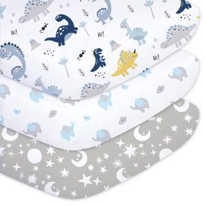 Plushii Crib Sheets for Baby Boys 3 Pack, 28"x 52" Extra Soft Microfiber Crib Sheet Set for Baby Crib Mattress Sheet & Toddler Mattress Pad, Dinosaur & Elephant & Stars (Blue Grey)