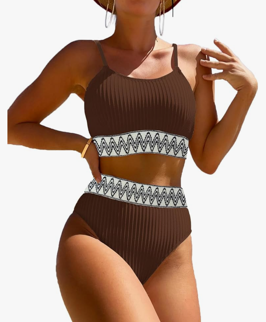 Women's High Waisted Swimsuit Two Piece Ribbed Bikini Sets Crop Top High Cut Cheeky Bathing Suits Brown XL