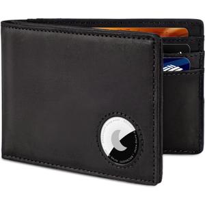 Airtag Wallet for Men, Bifold Full-Grain Leather Wallet for Apple Air Tag, Men's Wallet with Airtag Holder, RFID Blocking, Cash Slots, ID Window (Black)