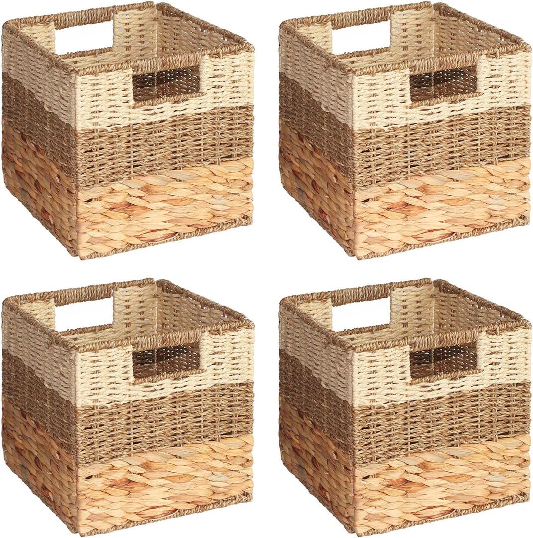 SpaceAid 4 Pack 3 Pattern Design Wicker Basket, Baskets for Organizing, Storage Rattan Basket with Handles for Shelves, Woven Cube Storage Bin Organizer, 10.5x10.5x10.5 inch, Natural