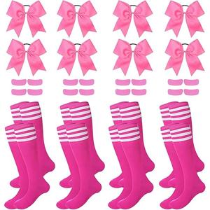 24 Pcs/8 Set Women Knee High Socks Set 8 Soccer Socks 8 Eye Black Stickers 8 Cheer Hair Bows for Cheerleading Teen Girls College Sports