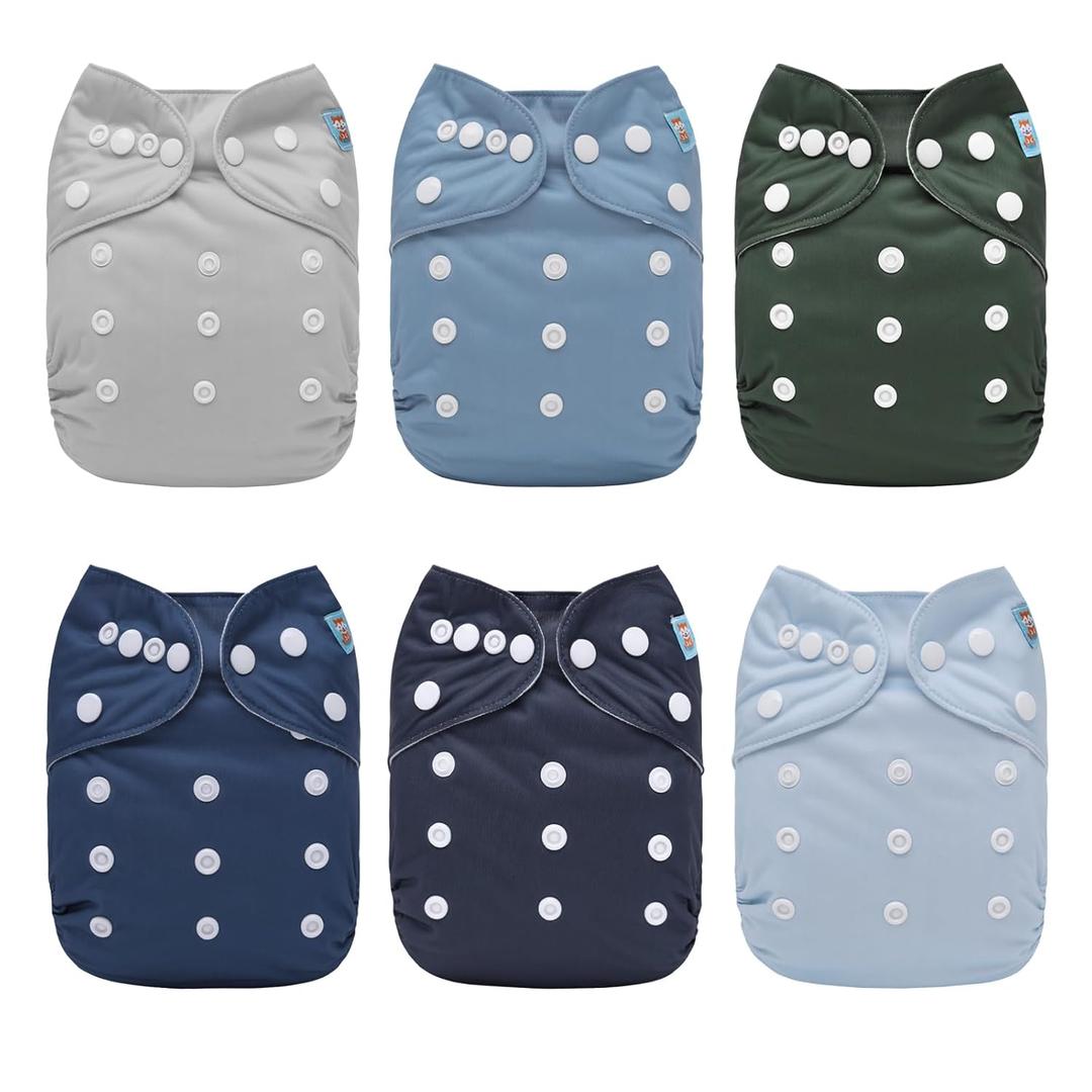 ALVABABY Baby Cloth Diaper 6 Pack with 12 Inserts One Size Cloth Diaper Covers Adjustable Washable Reusable for Baby Girls and Boys 6BM111 (Light Gray/Light Blue/Brown/Grass Green/Blue/Navy Blue/Blue Gray)