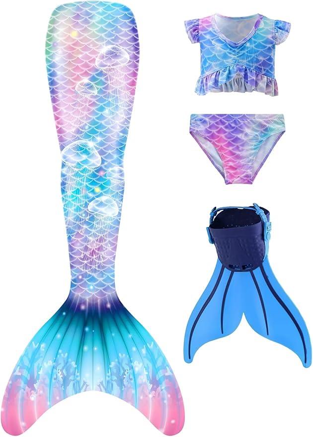 Mermaid Tails with Mono Fin Sparkle Mermaid Swimsuit for Girls Set of 4 Size 140