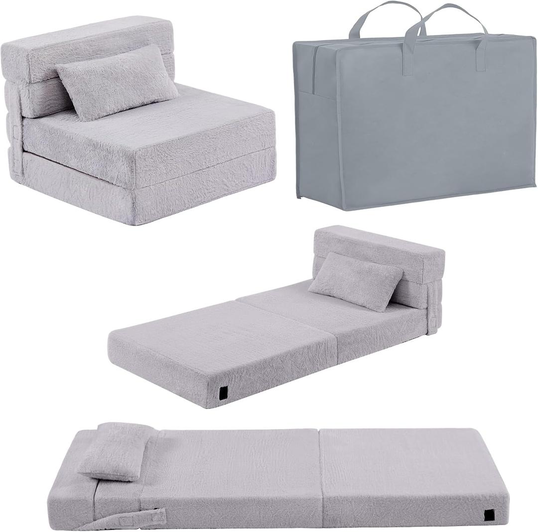 Folding Sofa Bed Mattress for Kids with Pillow, Toddler Washable Folding Floor Mat for Daycare, Child Fold Up Sofa Futon Chair Bed with Storage Bag for Playroom, Camping, Girls and Boys, Grey