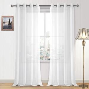 DWCN White Sheer Curtains, Faux Linen Look Grommet Window Semi Sheer Curtains Drapes for Bedroom Living Room Set of 2 Panels, 52 x 90 Inch Long