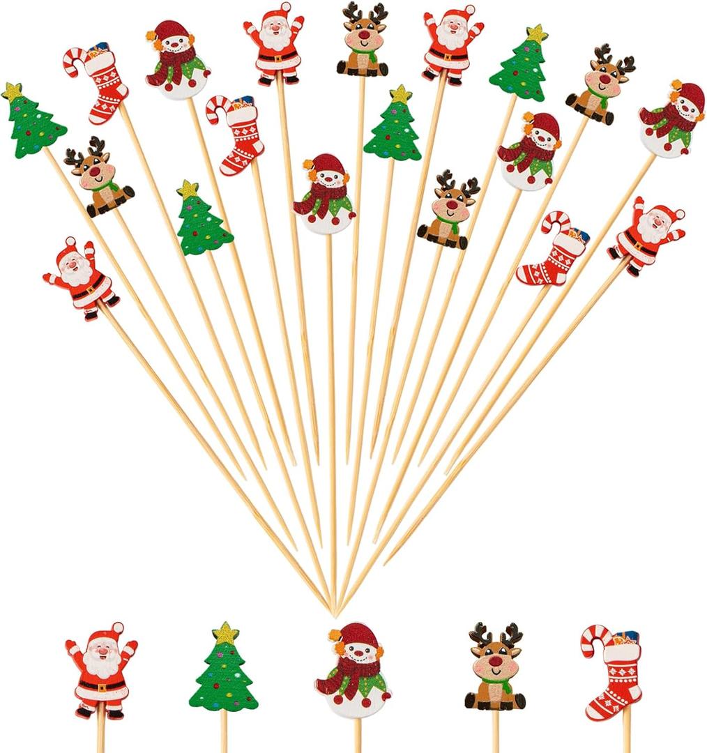 240 Counts Christmas Cocktail Picks Christmas Tree Snowflake Snowman Santa Claus Reindeer,4.7in Bamboo Cocktail Toothpicks Fruit Food Appetizer for Christmas Party Decorations 2024