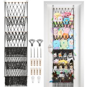 iHansee 5 Tier Stuffed Animal Storage Shelf Net, 17x61 Inch Large Plushie Net w/LED Light & Clips for Mini Medium Stuffy Teddy, Black Boho Macrame Wall Toy Holder Display for Nursery Kids Girls Boys
