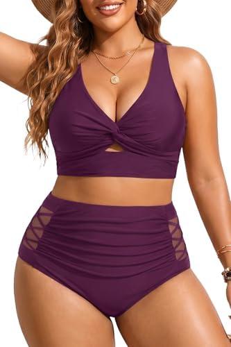 Women's Plus Size Two Piece Swimsuits - High Waisted Bikini Tummy Control Bathing Suits 2025 Twist Knot Swimwear Purple 20W