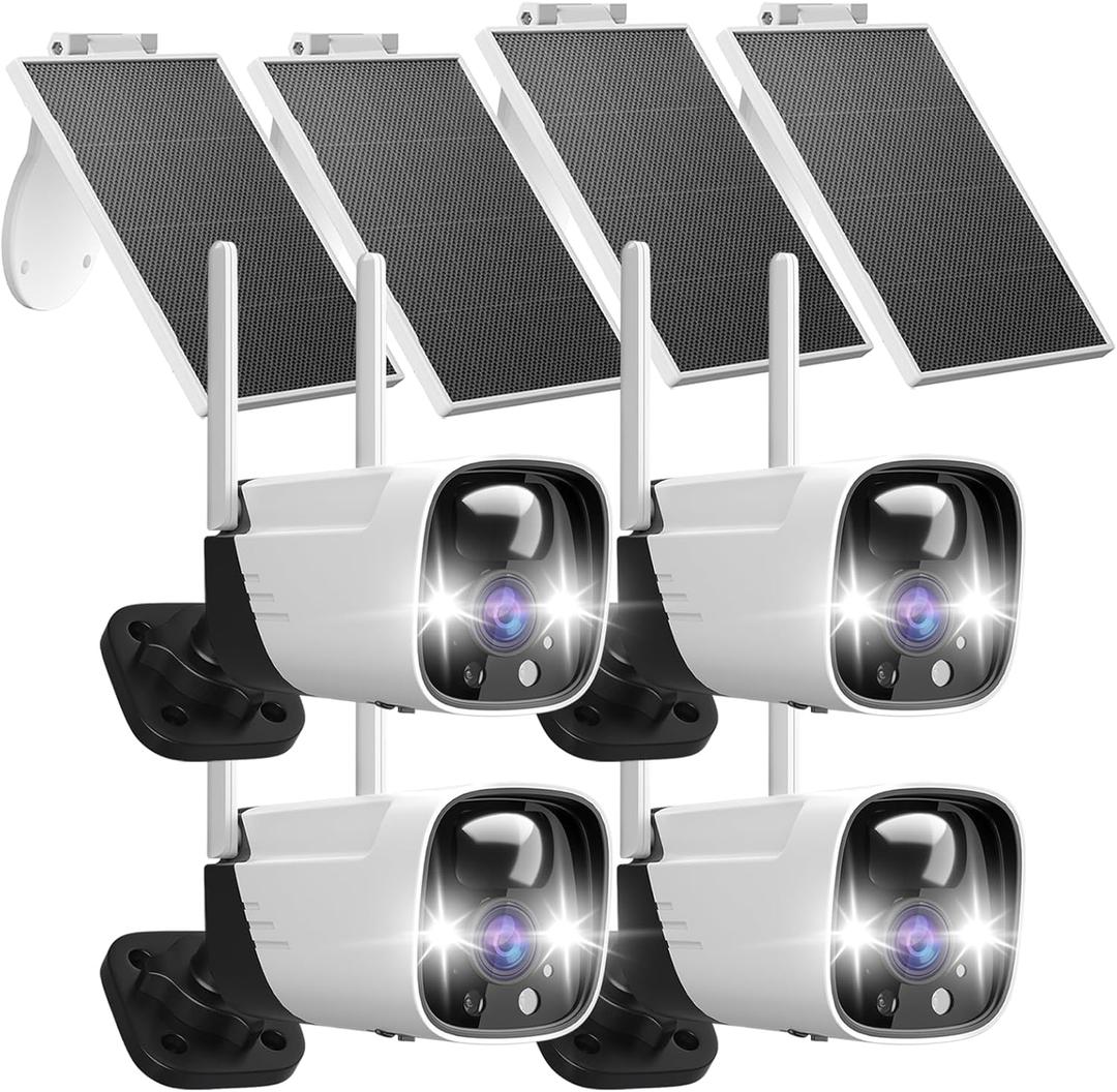 Rraycom 4 Pack Security Cameras Wireless Outdoor Solar Powered with AI Detection, 2K Color Night Vision Security Camera with 2 Way Audio, Alexa, No Monthly Fee, Spotlight & Siren, IP65 Waterproof
