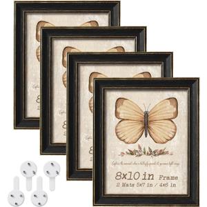 Black 8x10 Picture Frame Set of 4, Rustic Distressed Photo Frames with Mat for 5x7 or 4x6, Vintage 8 x 10 Farmhouse Frame with Tempered Glass , Wall Hanging or Tabletop Display, Home Decor, 4 Pack