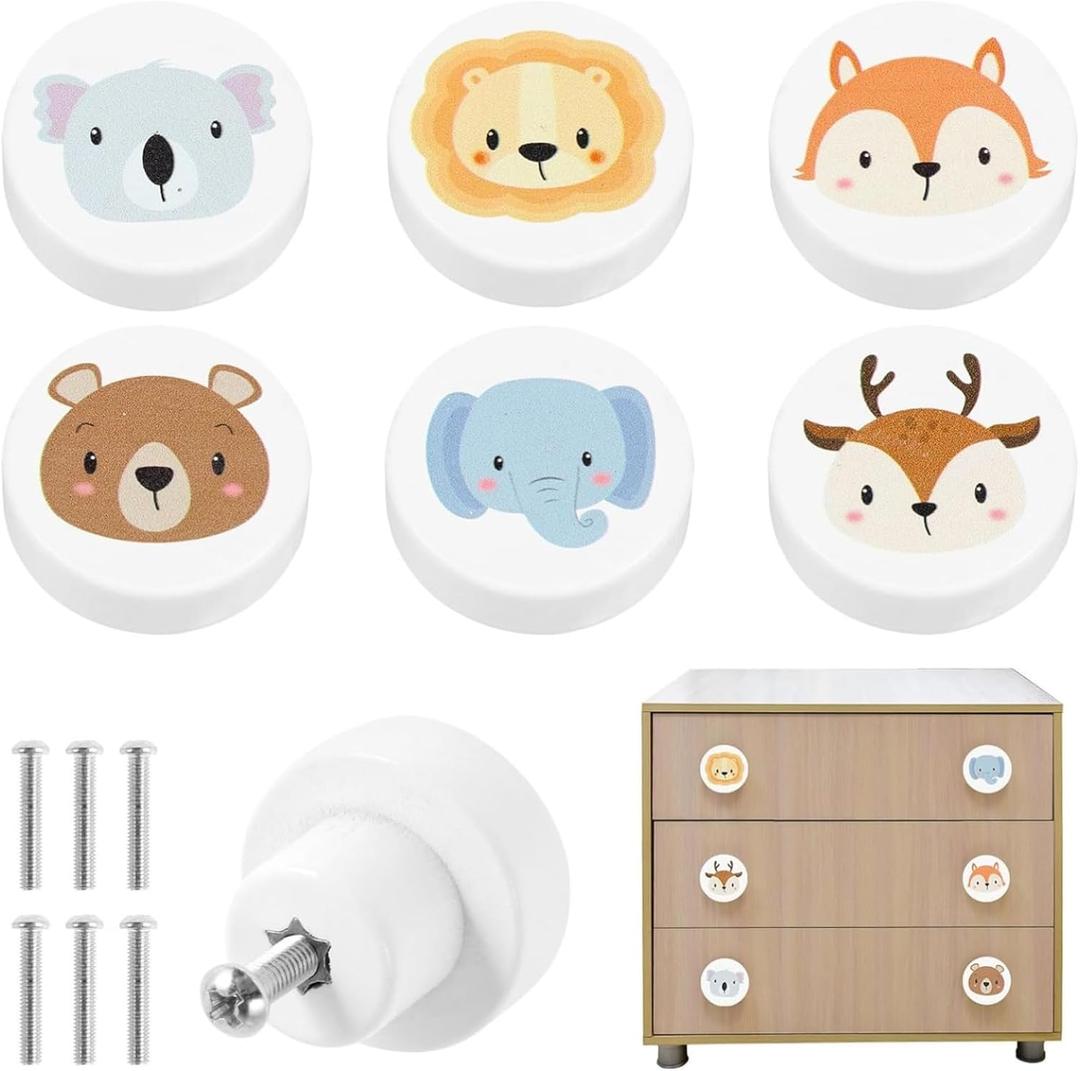 6Pack White Wooden Animal Pattern Drawer Knobs Round Shape Animal Drawer Pulls Cute Dresser Knobs Cabinets Knobs Pulls with Screws for Cabinets,Closet, Wardrobe Children's Room