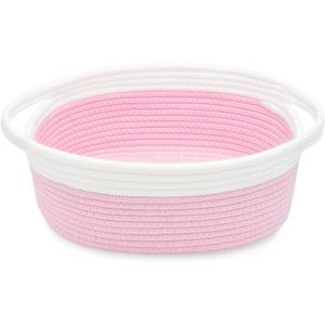 ABenkle Small Basket with Handles, Boho Decorative Rope Woven Dog Cat Toy Storage Bin Shelf Storage Organizer, Easter Christmas Gift Basket, 12"x8"x5", Pink