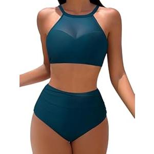 MOOSLOVER Women Mesh High Neck Bikini Sets High Waisted Two Piece Swimsuit Bathing Suits(S, #1 Peacock Blue)