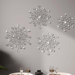 Blulu 4 Pcs Silver Wall Decor Bling Crystal Wall Art Cast Iron Rhinestones Sunburst Decor Metal Starburst Art Hanging Diamond Accents Decorative for Living Room Bedroom Entryway(Silver)