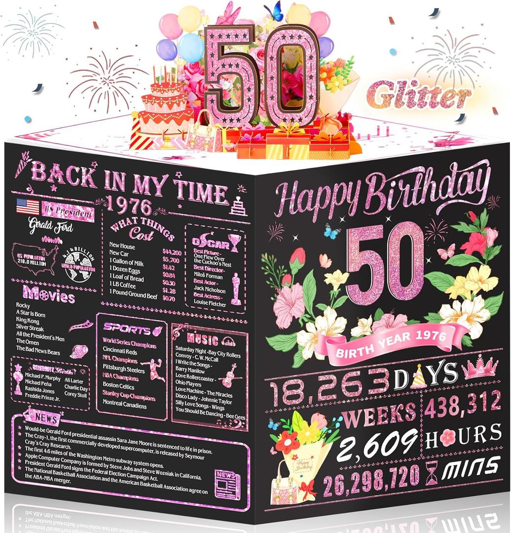 50th Birthday Card for Women,Jumbo Pop Up 50th Birthday Cards for Her Friend,Back In 1976 Happy 50 Year Old Birthday Decorations for Wife Daughter Mom Funny Birthday Gifts,Rose Gold