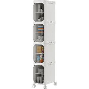 HIYOHIYO 4-Tier Tall Narrow Bathroom Storage Cabinet with Movable and Locking Wheel Design, Slim Storage Cabinet with Adjustable Shelves for Small Space and Kitchen Narrow Spaces, White (Width 8.5"), 8.5" W X 13.4" D X 50" H