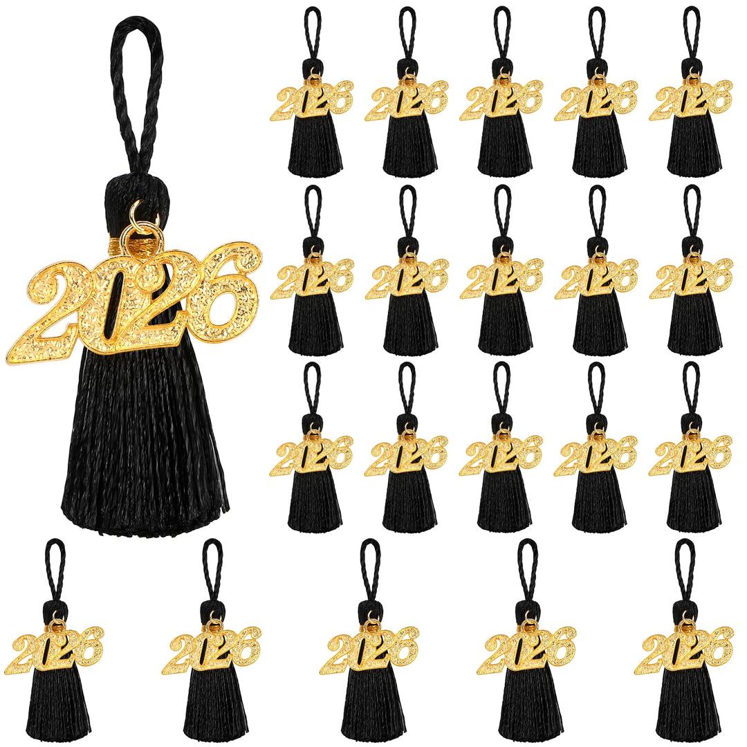 JULMELON 20 Pcs 2026 Mini Tassels Graduation, Black Silk Tassels 2.4 Inch Small Bookmark for Graduation Decor Party Favors DIY Projects Keychain Making Chocolates Decor