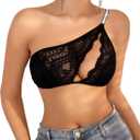 OYOANGLE Women's Rhinestone One Shoulder Bralette Floral Lace Cut Out Wireless Medium Support Unlined Bras (Large, Black)