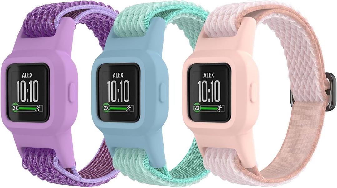 Elastic Bands Compatible with Garmin Vivofit Jr 3 Bands for Kids, Colorful Nylon Stretchy Straps with Protective Case Adjustable Replacement Bands Accessories for Girls Boys