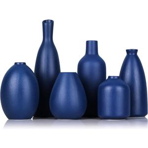 Blue Ceramic Vase - Set of 6 Blue Bud Vases, Modern Farmhouse Navy Blue Decorative Vases for Home, Office, Living Room, Table Decor - Ideal Centerpieces for Flowers, Shelf and Fireplace Accents