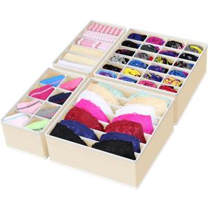 Simple Houseware 4-Pack Drawer Organizer Set - Closet Dividers for Underwear, Socks, Bras, Scarves, Ties - Foldable Non-Woven Storage Boxes, Beige (4 Pack - (6/7/8/24 Compartments))