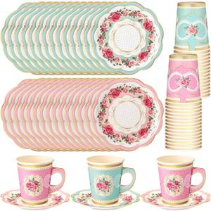 Domensi 60 Pieces Tea Party Decorations Include 30 Pcs 9 oz Paper Cups with Handle and 30 Pcs Tea Party Paper Plates Disposable Blossom Teacups and Saucers for wedding Favors(Assorted Style)