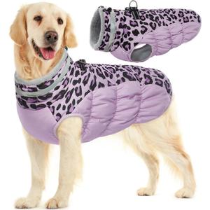 FUAMEY Dog Winter Coat - Dog Jacket with Zipper, Built-in Harness, Padded Vest, Water Resistant, Reflective - Purple Leopard, Small to Large (Large(chest:24in))