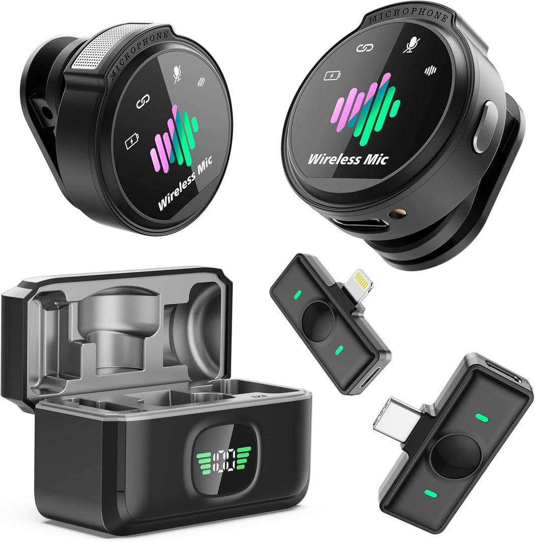 Mini Microphone for iPhone: 2PCS Wireless Lavalier Microphone for Android - Noise Canceling Magnetic Clip Lapel Mic - Vlogging & Pro Video Recording for Content Creators (Black)