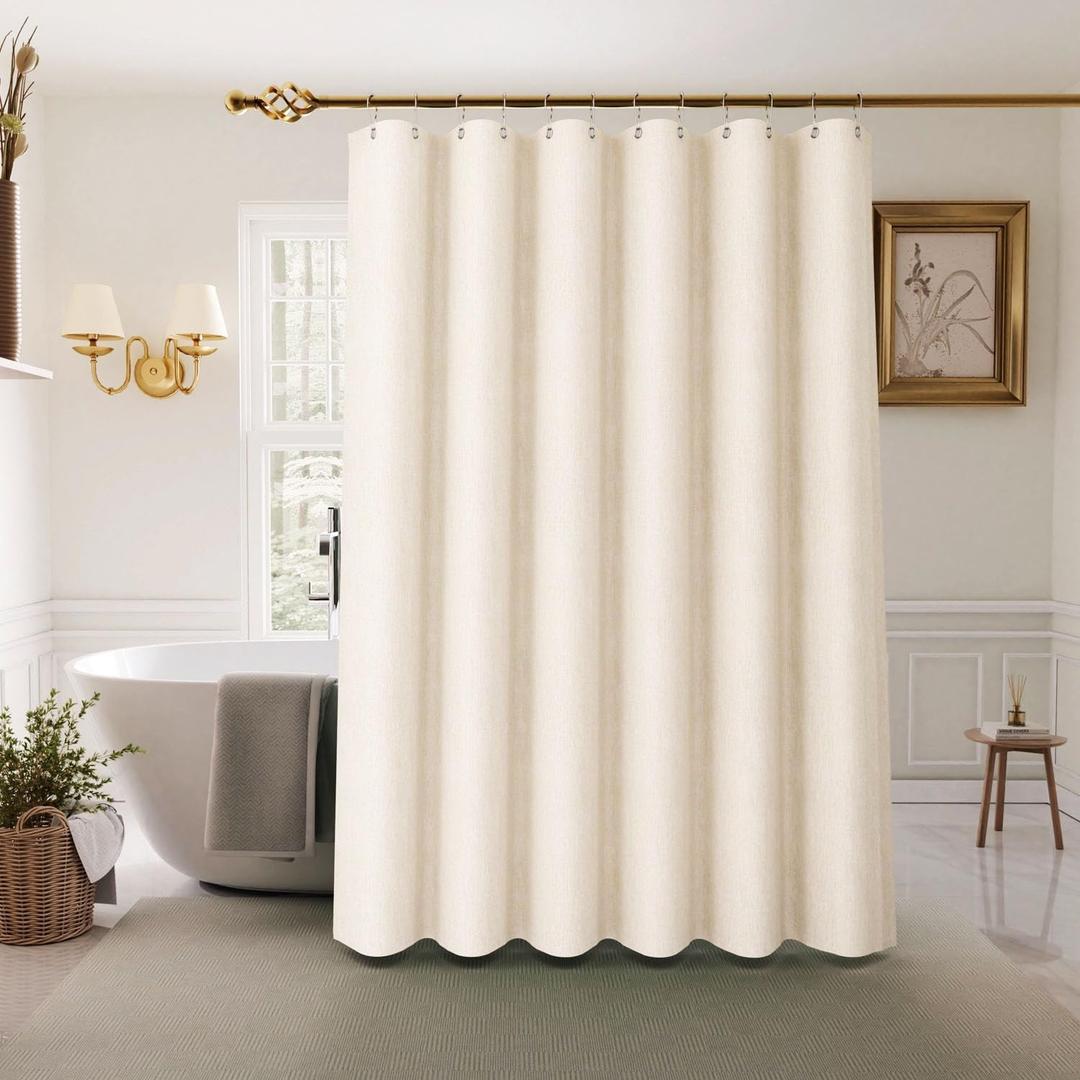 Inhousolu Boho Farmhouse Shower Curtain with Fabric Liner Set, Faux Linen Textured, 14 Metal Hooks Luxury Weighted Hem, Washable Wrinkle Free Bath Curtain for Hotel Bathroom 72" W x 72" L Ivory