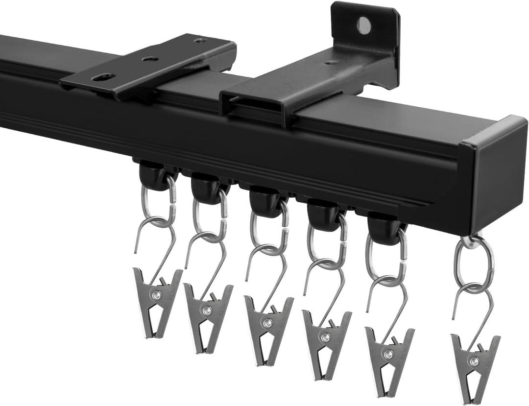 Hoeflife Curtain Track,Ceiling Curtain Track,Wall Mount Curtains Tracks,Heavy Duty Sliding Room Divider Ceiling Mount Curtains Tracks Rails Rod System with Clips 12-15ft Black