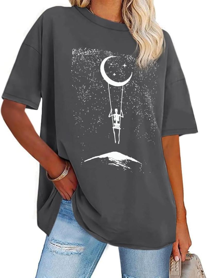 Womens Oversized Tshirt Graphic Tees Crew Neck Summer Short Sleeve Loose Fit Tops (A-Starry Night Grey, M)