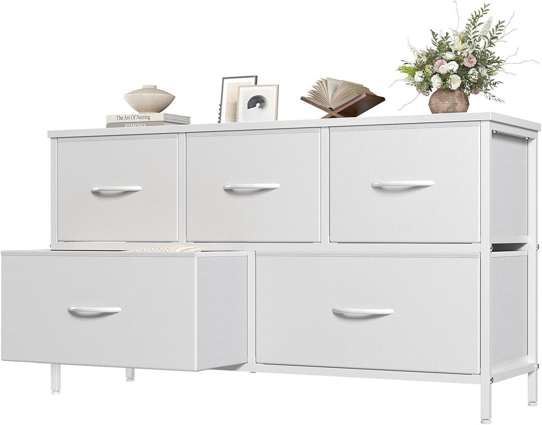 OLIXIS Dresser for Bedroom with 5 Drawers, Wide Chest of Drawers, Fabric Bedroom Dresser with Drawer Organizers, Storage Organizer Unit with Fabric Bins for Closet, Living Room, Hallway,White
