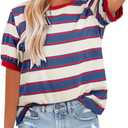 Womens Tops Casual Color Block Striped Short Sleeve Shirts Crewneck T Shirts Loose Basic Tee Blouses Blue White XL