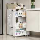 KLM 4 Tier White Slim Storage Cart with Handle, Slide Out Storage Rolling Utility Cart for Kitchen, Laundry, Narrow Places